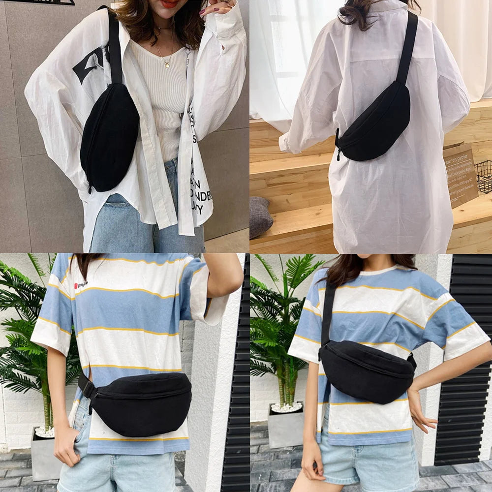 A woman models a black linen waist pack worn across a white shirt and denim jeans in various outdoor settings.