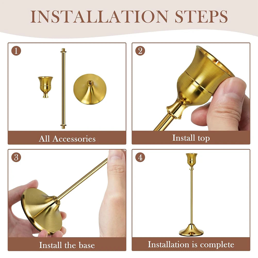 Set of 6 Gold Brass Taper Candle Holders with Weighted Base