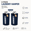 A set of two navy blue, extra large, foldable laundry hampers with padded handles.