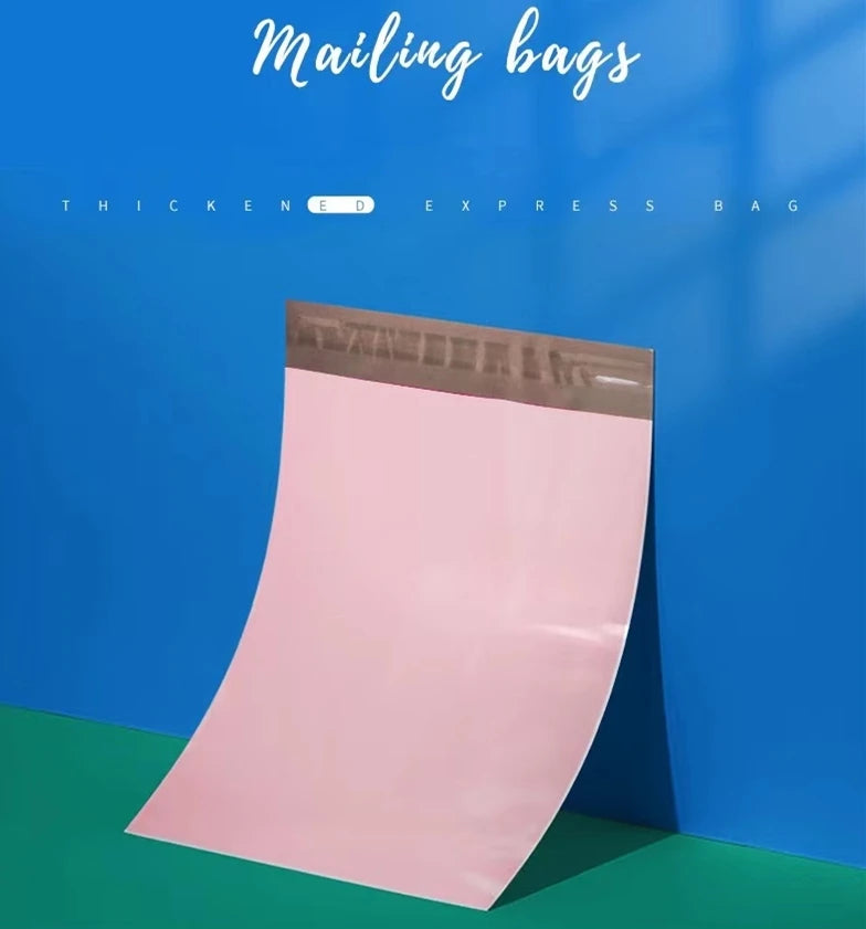 A pink thickened express mailing bag is displayed against a blue background.