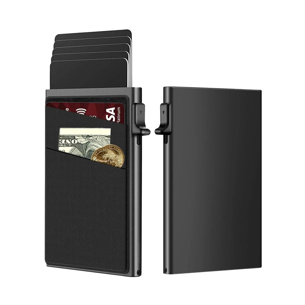 Schwarzer minimalistischer Aluminium-RFID-blockierender Kartenhalter mit mehreren Fächern für Karten.