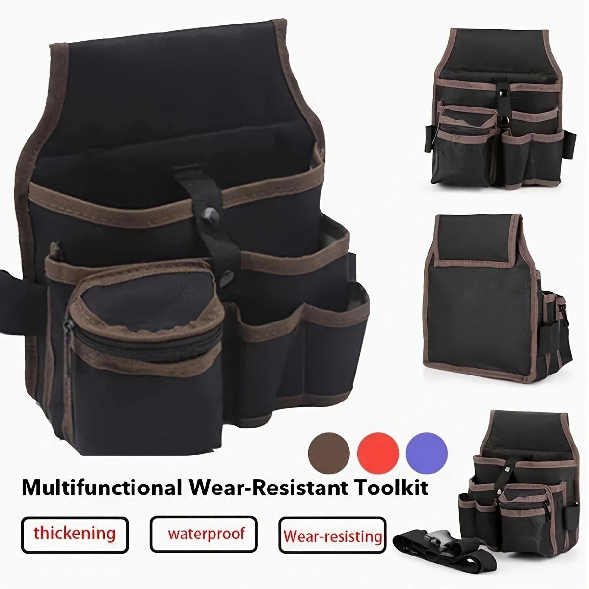 A black and brown multifunctional wear-resistant toolkit featuring multiple pockets and compartments.
