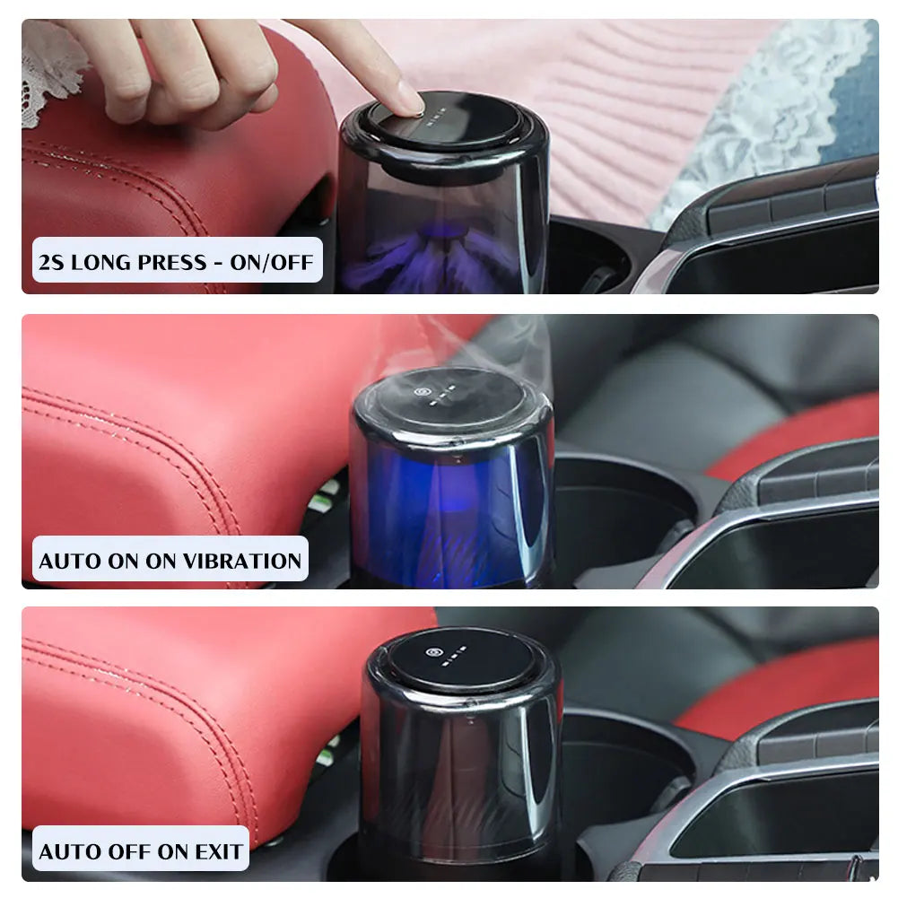 Demonstration of a smart car diffuser with various functions including long press on/off, auto on vibration, and auto off exi