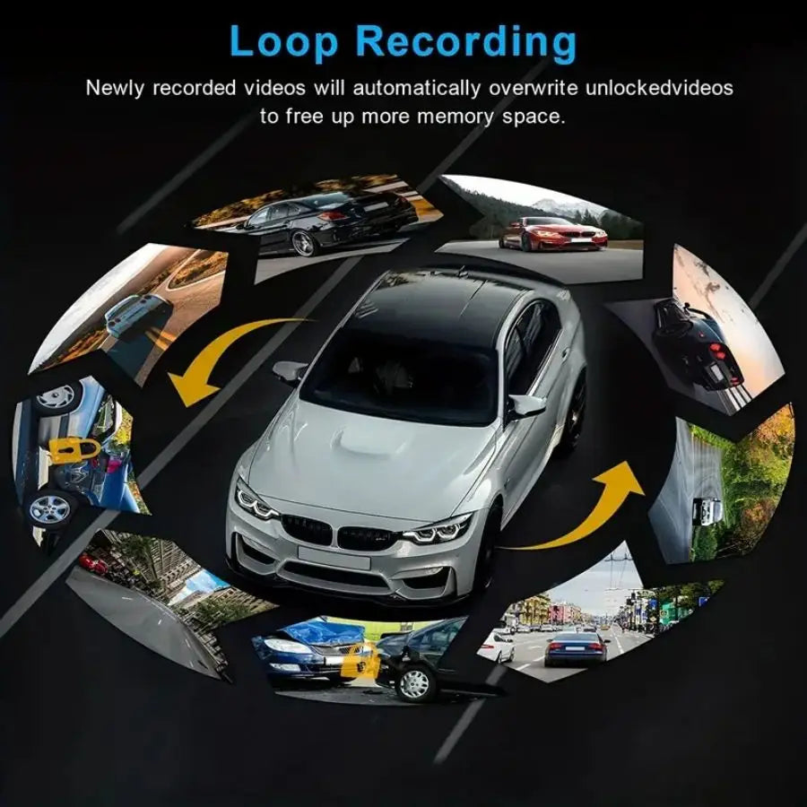 A white car is shown in a loop recording context, demonstrating the feature of automatically overwriting old videos.