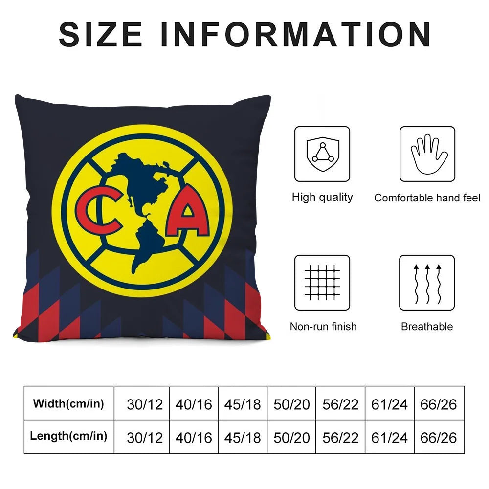 Size information chart for a Club America decorative pillowcase showing width and length options.