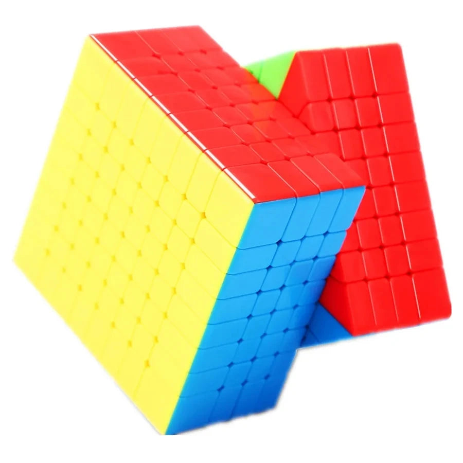 A colorful, geometric puzzle cube made of interlocking plastic blocks in yellow, red, and blue.