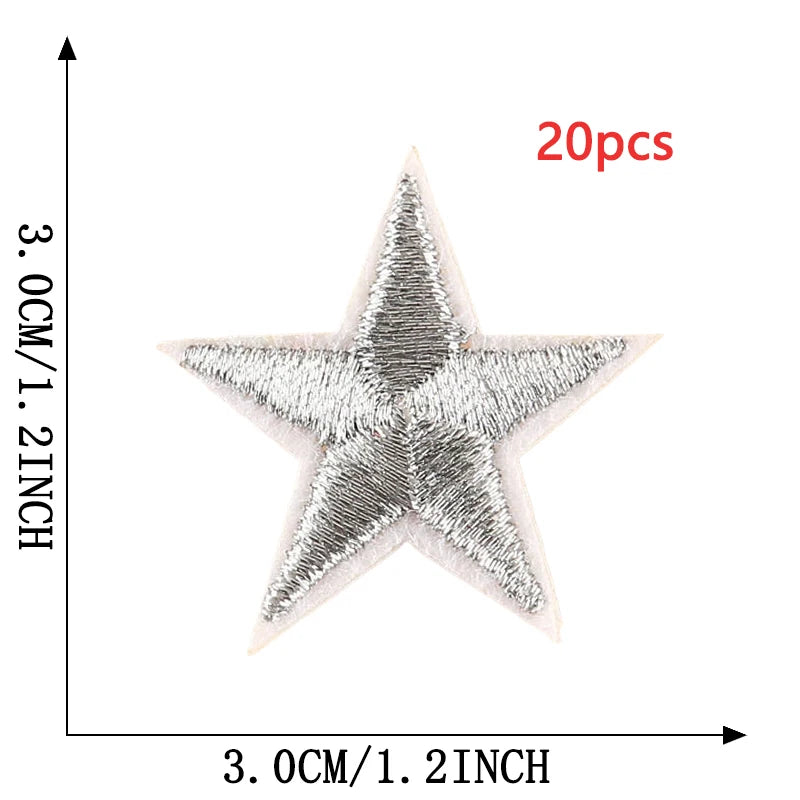 A star-shaped embroidery patch is shown, measuring 3cm by 1.2inch, with a scale bar indicating the size.