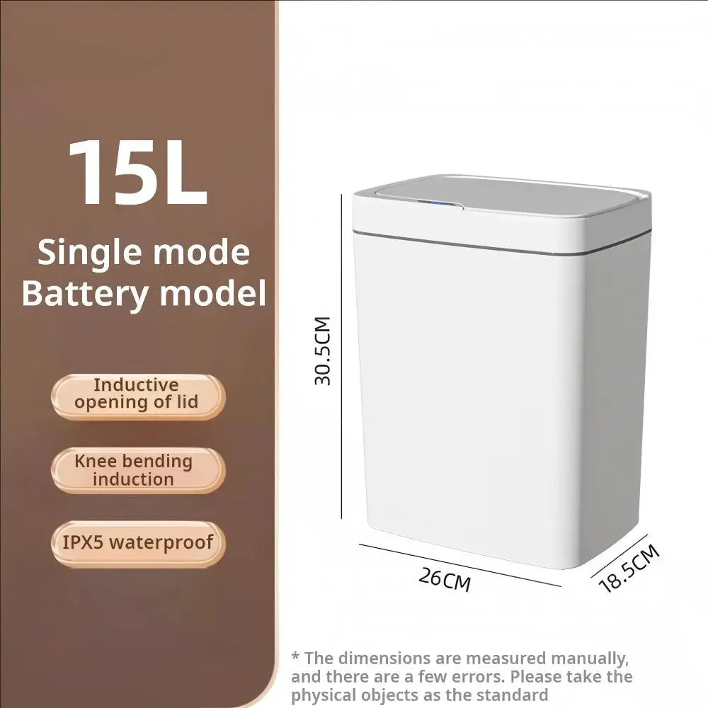 A white 15L single-mode battery model trash can with an inductive lid opening and IPX5 waterproof rating.
