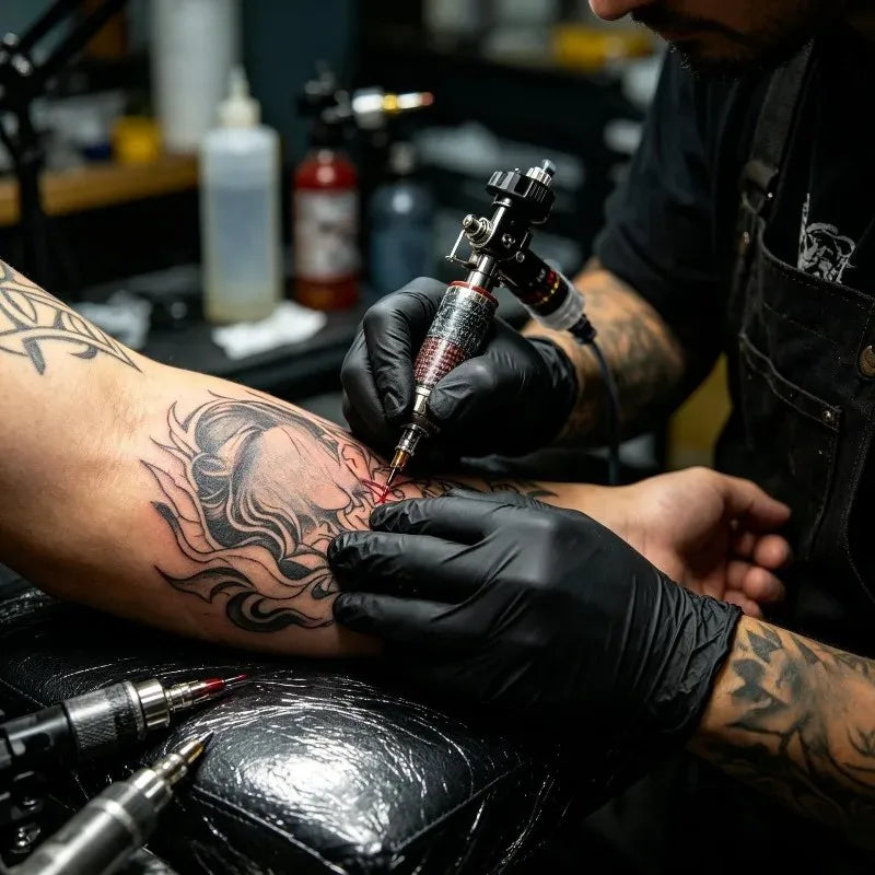 A person applies a tattoo using a needle while wearing black disposable nitrile gloves on an arm.
