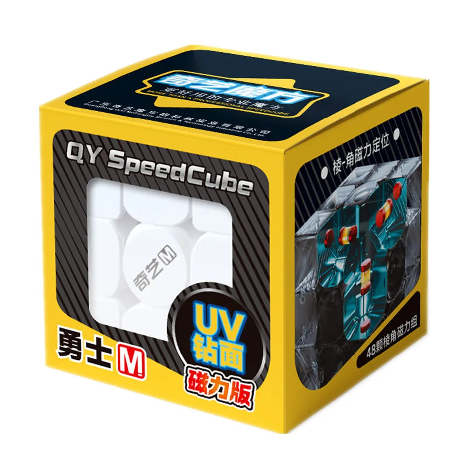 A yellow box for the QY SpeedCube puzzle featuring a white cube and black accents.