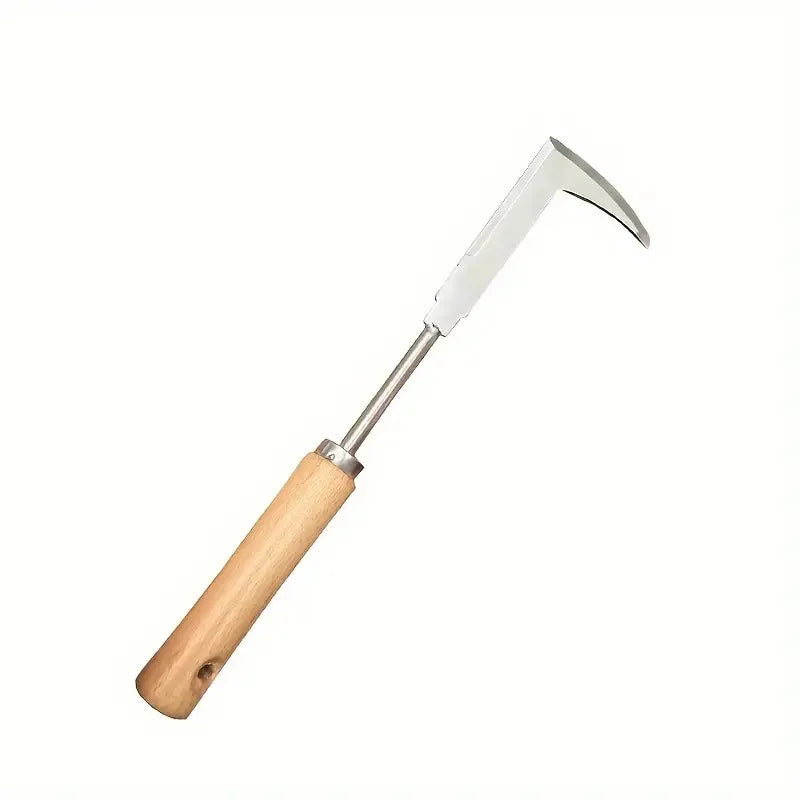 L-shaped stainless steel weeding tool with a wooden handle for garden gaps
