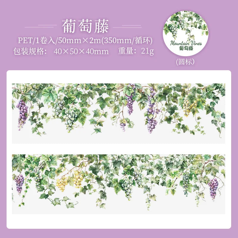 Green vine pattern decorative PET tape featuring purple and yellow grapes for journaling and crafts