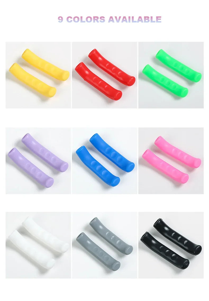 Nine colored silicone bicycle brake lever covers displayed in various shades including yellow, red, green, purple, blue, pink
