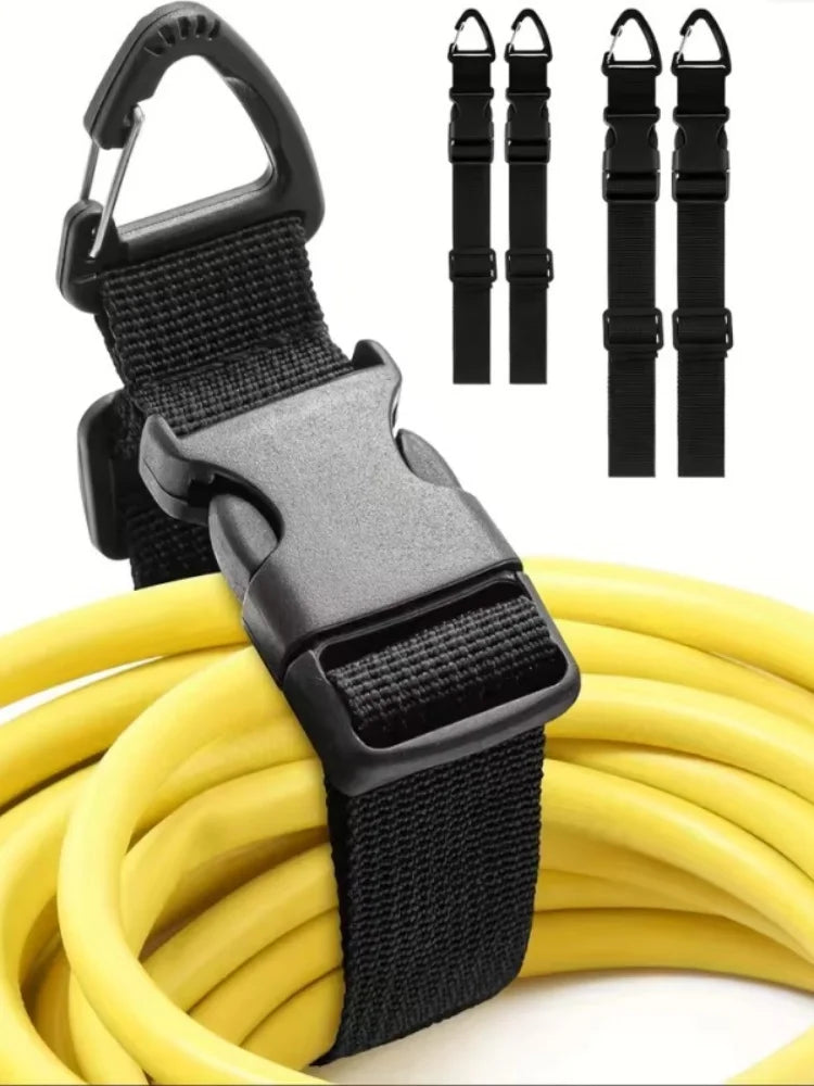 Black heavy duty extension cord organizer with buckle lock and five individual cord straps