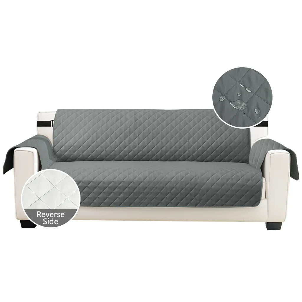 A gray waterproof sofa slipcover with a quilted pattern shown from the front and a detail view of the reverse side.