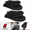 A pair of black heat-resistant silicone oven mitts with a non-slip grip shown in various angles.