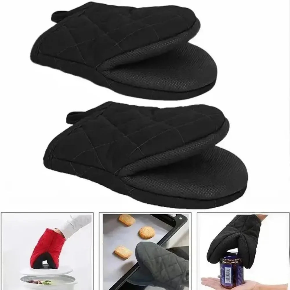 A pair of black heat-resistant silicone oven mitts with a non-slip grip shown in various angles.