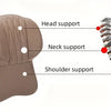 A brown memory foam support pillow demonstrating head, neck, and shoulder support points against a spinal column.