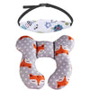 A gray and white patterned baby head and neck support pillow with an attached safety strap.