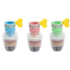 A set of universal faucet water filters with colored plastic spray heads and clear containers for filtering water.