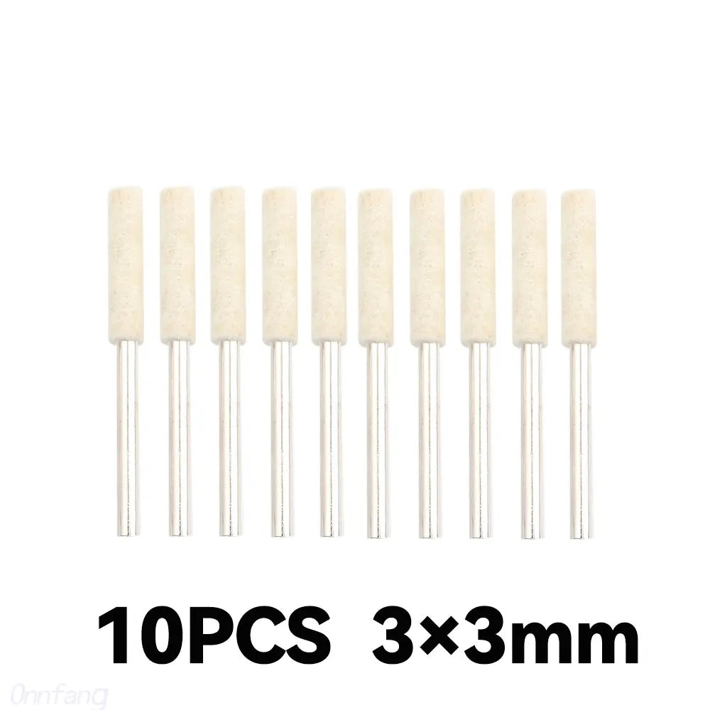Ten pieces of beige wool felt polishing wheels with 3mm shanks.