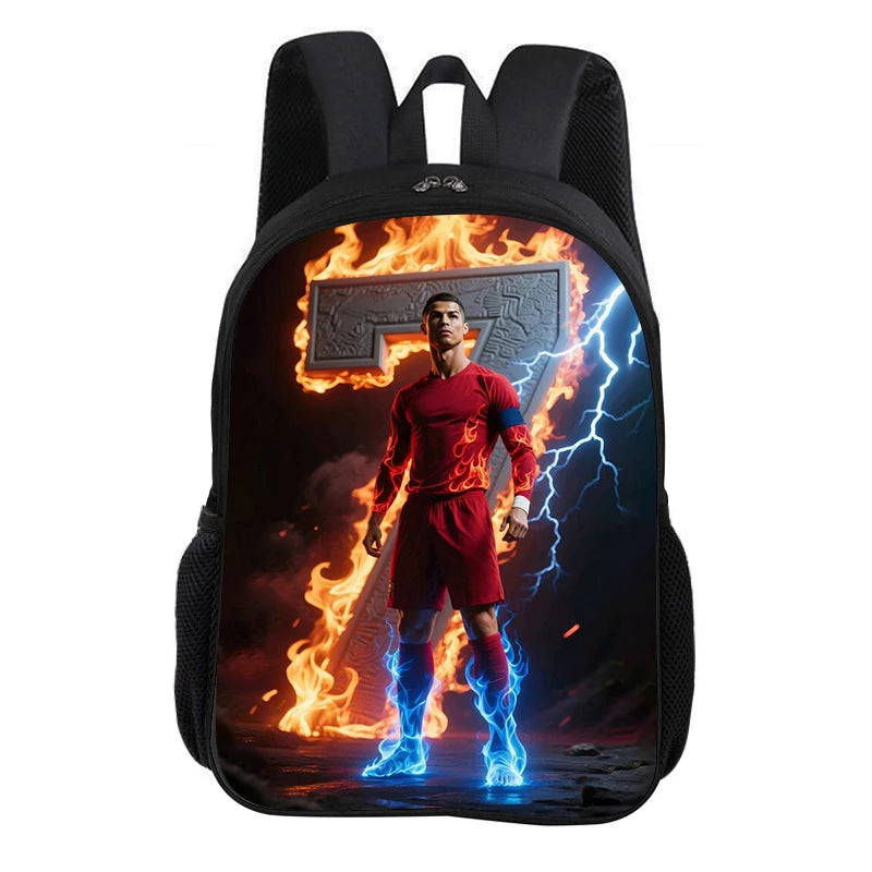 A black backpack featuring a graphic of a soccer player engulfed in flames and lightning.