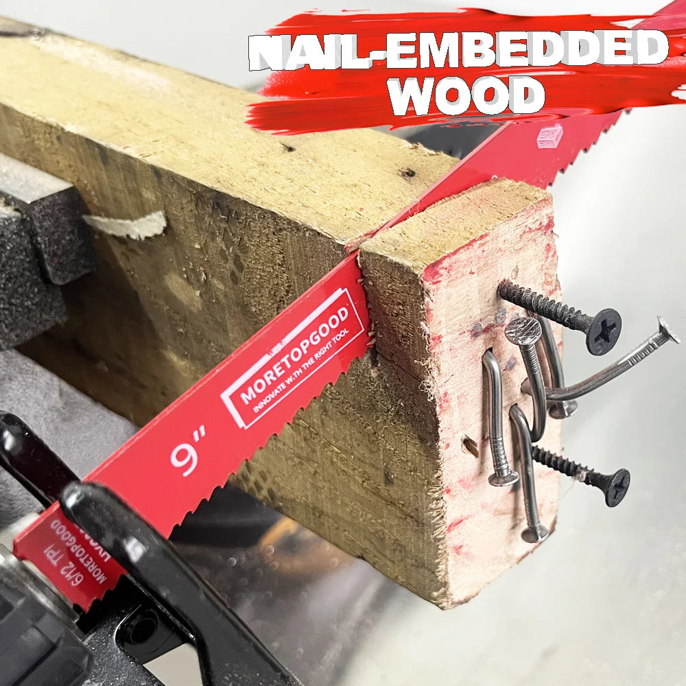 A close-up of a red saw blade cutting through a piece of wood, demonstrating bi-metal reciprocating saw blades for nail-embed