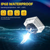 A waterproof HID Xenon headlight bulb is shown submerged in water, emitting a bright beam.