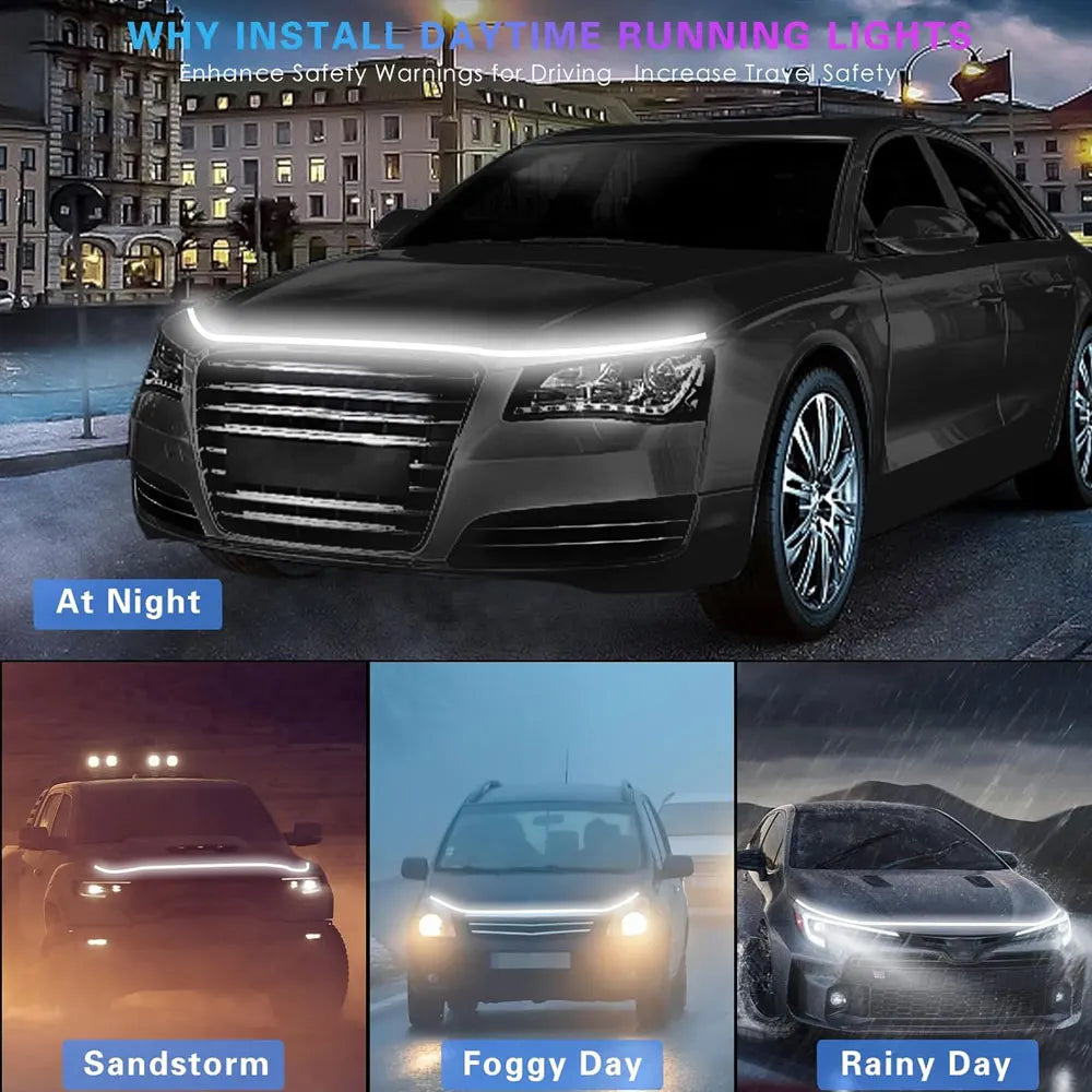 Dynamic car hood LED strip light showing various lighting conditions like night, sandstorm, foggy day, and rainy day.