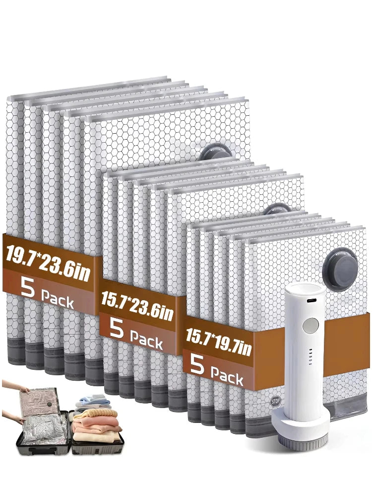 A set of reusable vacuum compression bags stacked in rows, with some bags laid out for context.