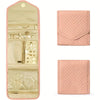 A pink foldable waterproof jewelry roll with compartments for storing and traveling with accessories.