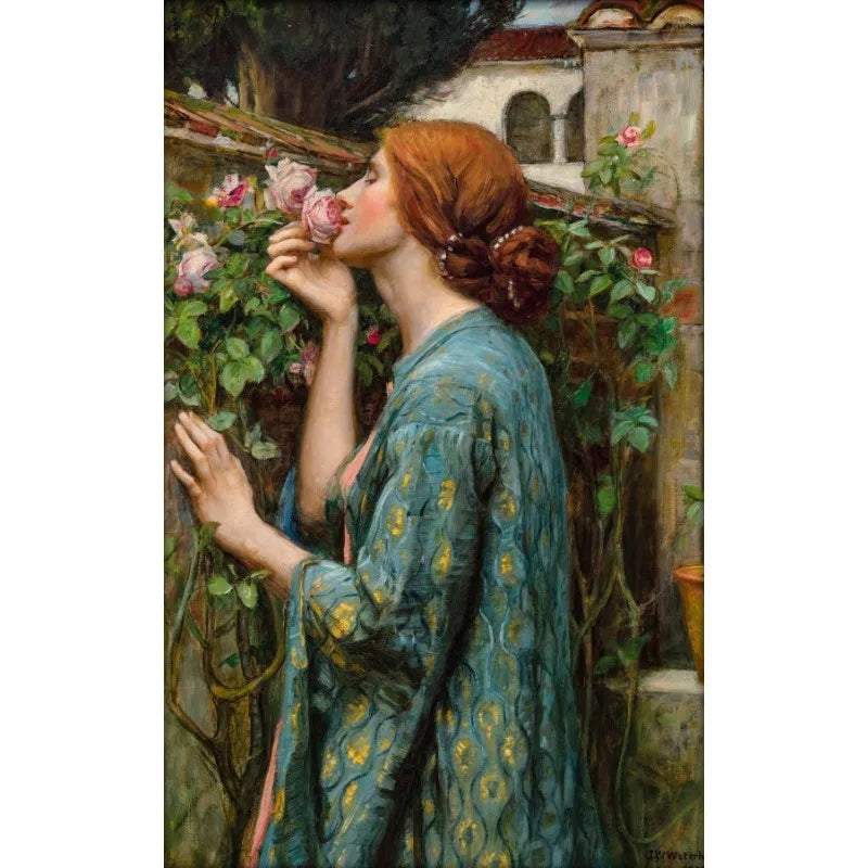 A portrait of a woman with reddish hair and pink roses, wearing a teal dress, standing in a garden setting.