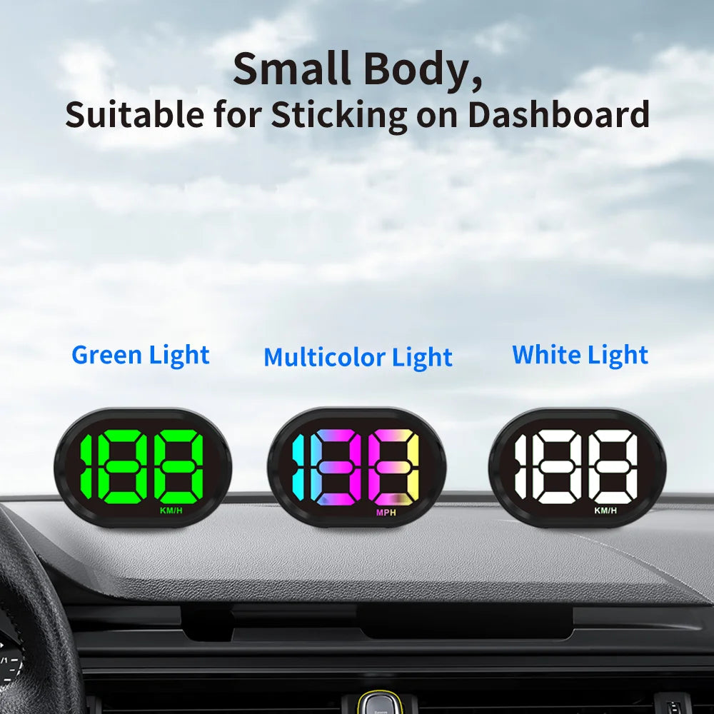 Three LED speedometer heads-up display lights in green, multicolor, and white mounted on a car dashboard.
