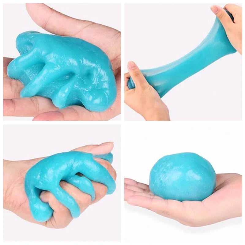 Hand holding a bright turquoise reusable cleaning gel for car interiors and electronics