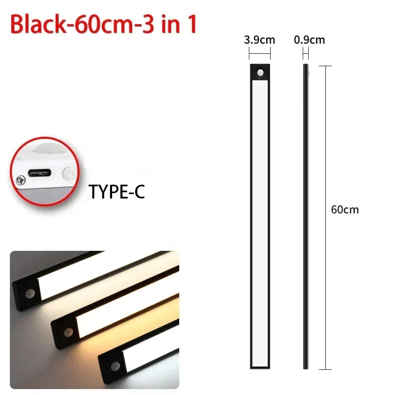 Black 60cm 3 in 1 cabinet light featuring a Type-C connection and adjustable lighting.