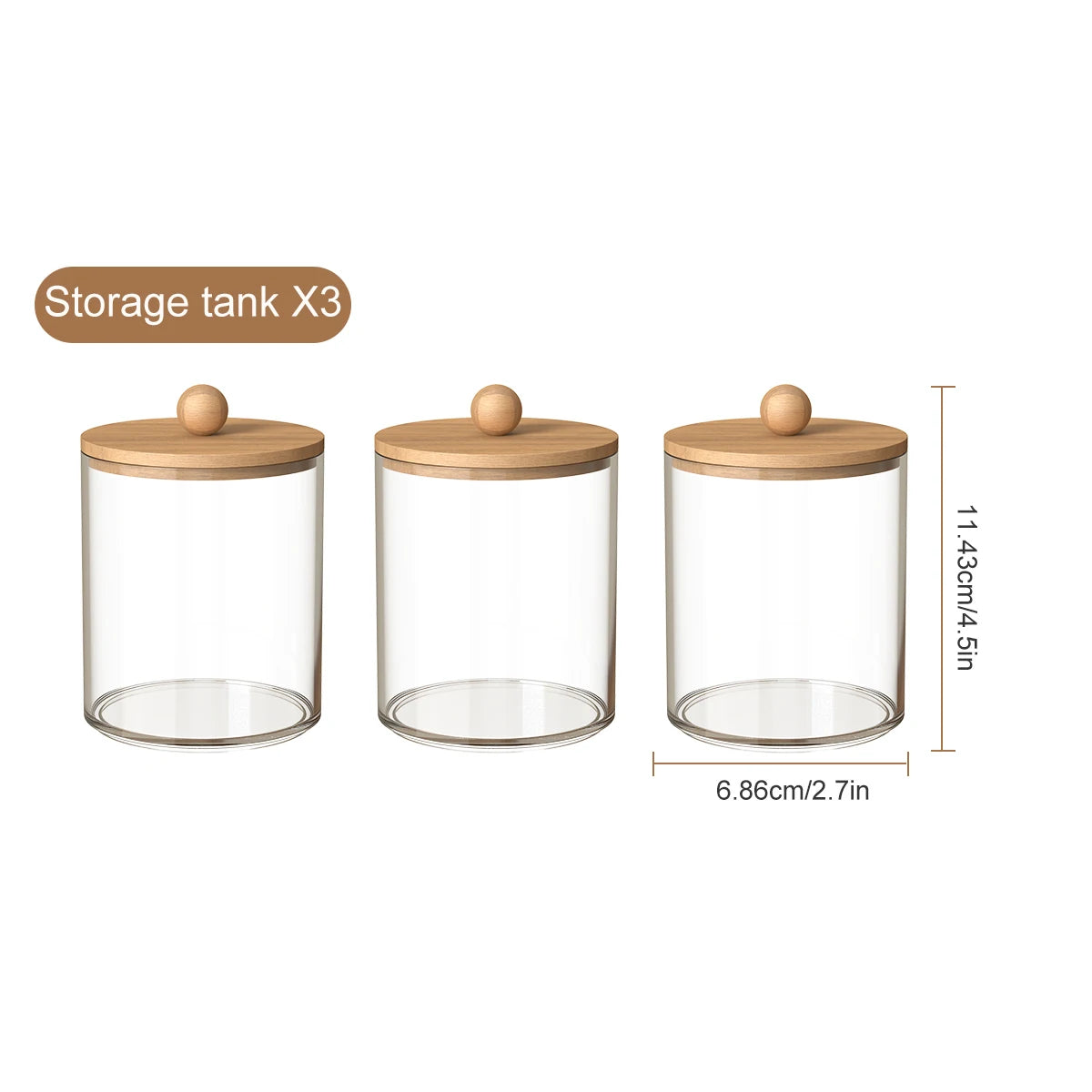 Three clear acrylic storage tanks with bamboo lids for bathroom storage