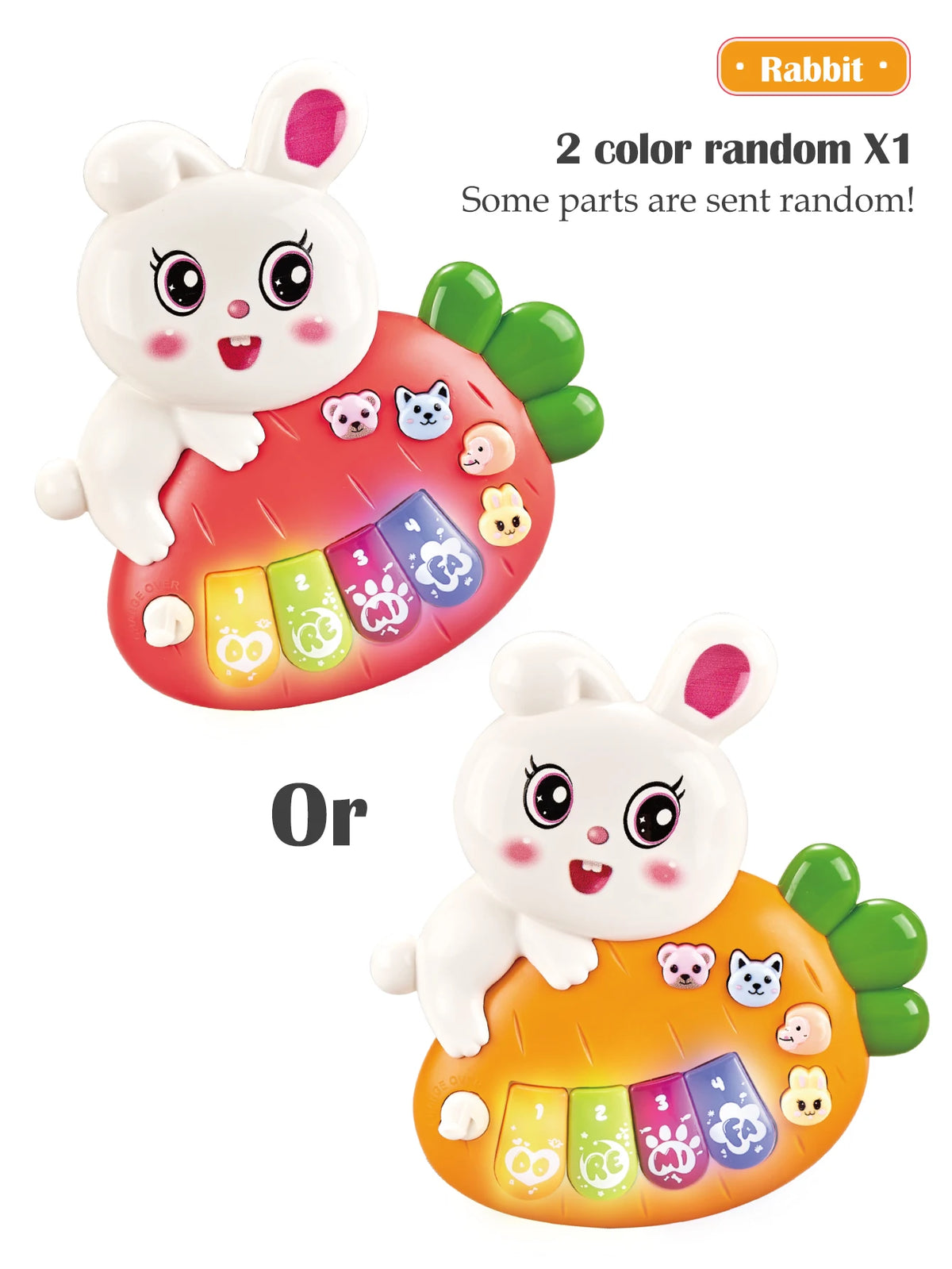 Musical animal piano toy with lights for toddlers featuring a white rabbit character and colorful buttons