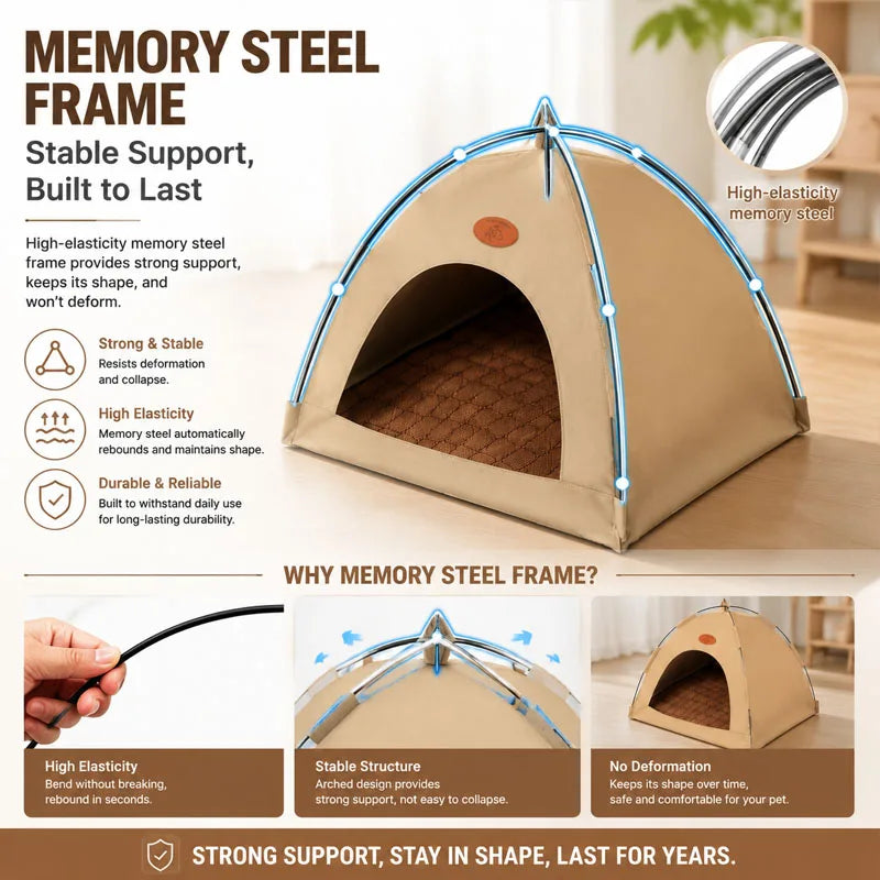 A beige memory steel frame teepee tent with a brown cushion shown in an outdoor setting.