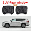 A pair of black mosquito mesh sunshades for a SUV rear window shown next to a silver car.