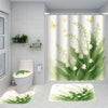 A white floral shower curtain set featuring green leaves and yellow butterflies, displayed in a bathroom setting.