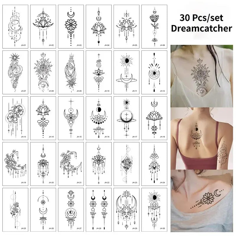 Una cuadrícula que muestra 30 diseños de pegatinas temporales con motivos de luna, estrella, diablo y flor.