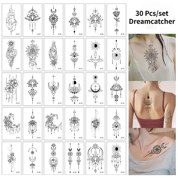 A grid displaying 30 temporary tattoo sticker designs featuring moon, star, devil, and flower motifs.