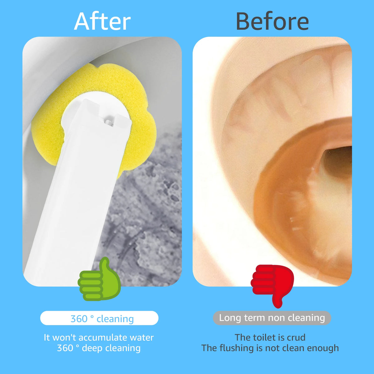 Comparison showing a disposable toilet brush kit with hands-free auto-open holder after and before cleaning.