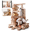 A detailed wooden model kit of a space shuttle and launch simulator structure.