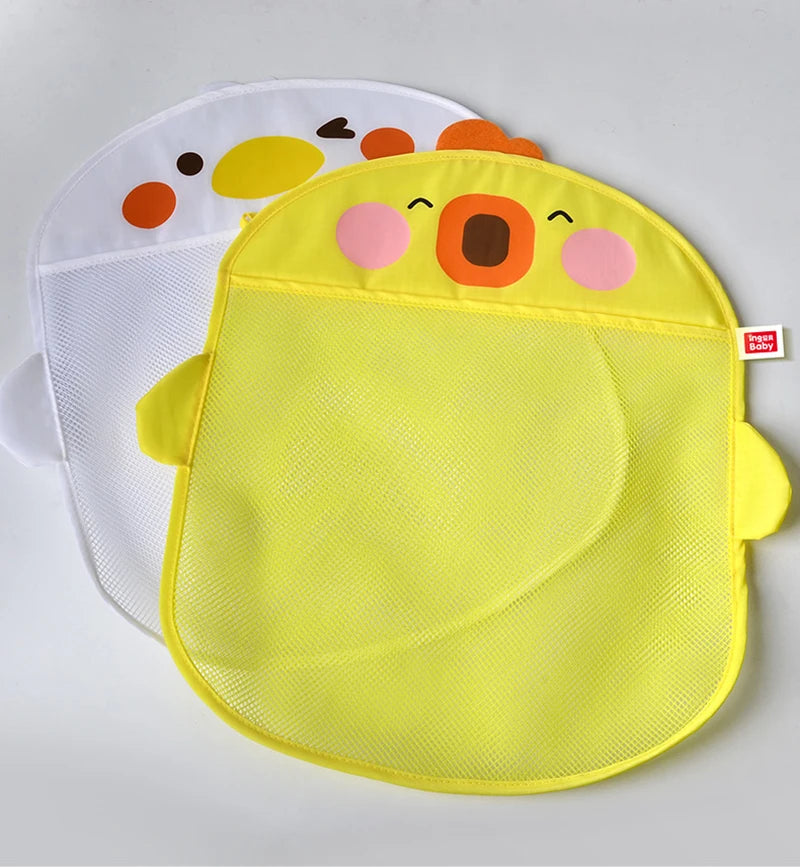 A yellow cartoon duck bath toy storage mesh bag with a suction cup and white backing.