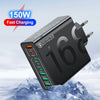 A black 150W 8-port USB fast charger with QC3.0 and PD support features is shown against a snowy background.