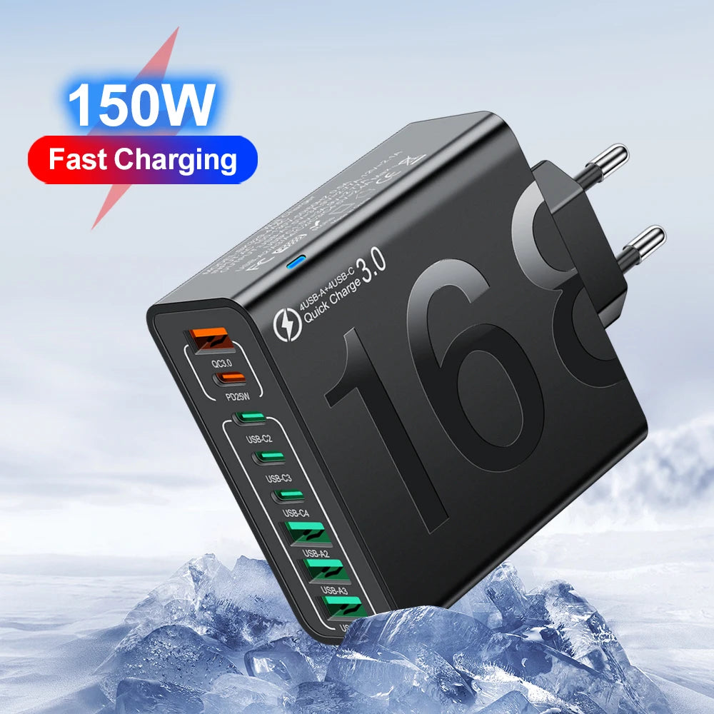 A black 150W 8-port USB fast charger with QC3.0 and PD support features is shown against a snowy background.