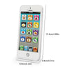 A white interactive learning play phone for kids displaying numbers and fruits on its screen.