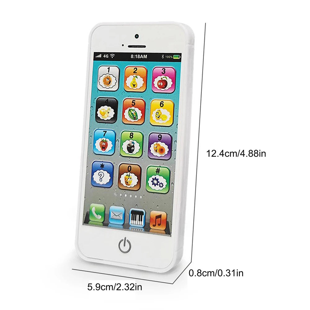 A white interactive learning play phone for kids displaying numbers and fruits on its screen.