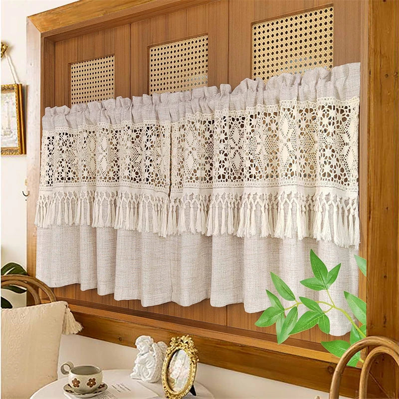 Japanese style beige sheer curtain with lace and tassel trim hanging in a wooden frame.
